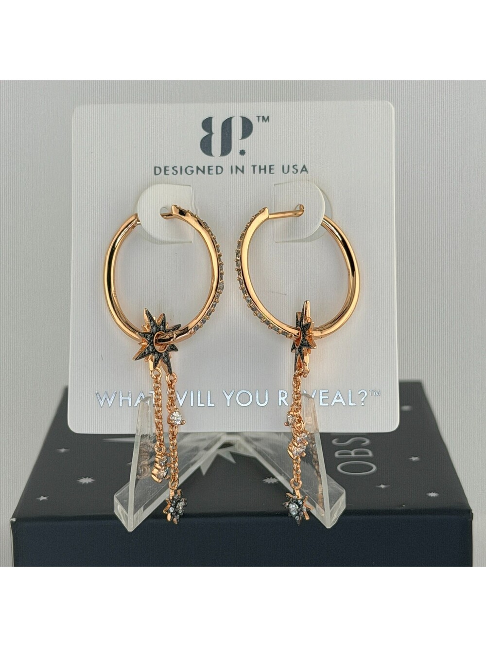 Bomb Party Obsidia  “Starluxe Cascade Hoops” Clear Cz on Rose Gold & Hematite